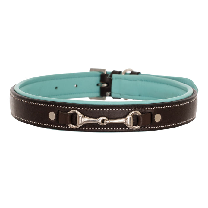 ExionPro Silver Snaffle Padded Leather Dog Collar - Sky Blue Padding