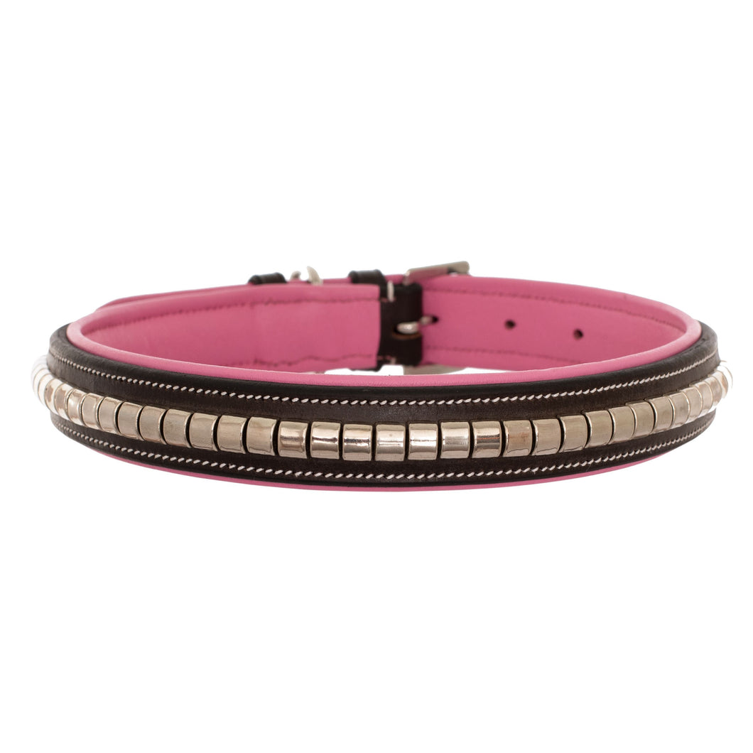 ExionPro Silver Clincher Padded Leather Dog Collar - Pink Padding
