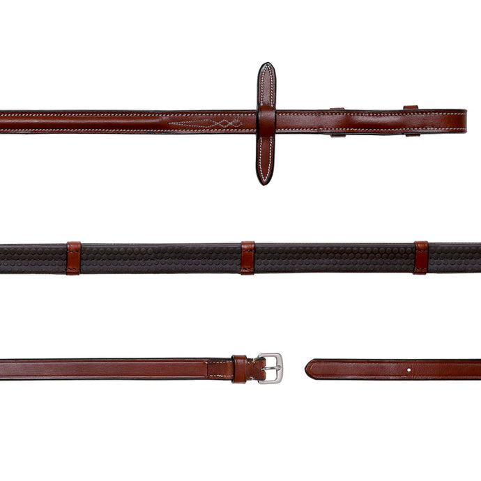 LEATHER & RUBBER GRIP REINS (FLAT) WITH WHITE STITCHING (SILVER BILLET)
